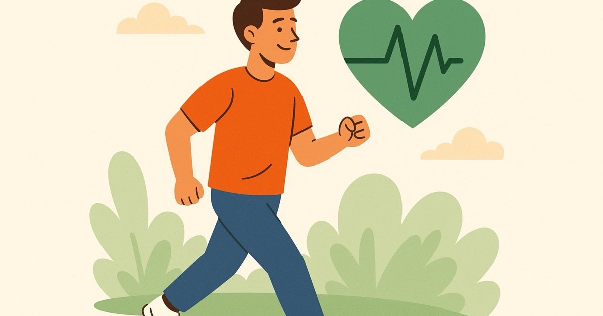 Ilustração de um homem caminhando ao ar livre ao lado de um coração com traçado de eletrocardiograma