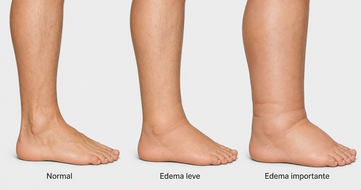 Três pernas lado a lado comparando perna normal, edema leve e edema importante