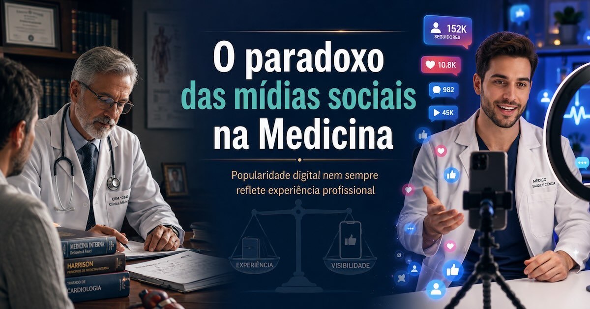 De um lado um médico em consulta, do outro um médico gravando vídeo para redes sociais, sob o título O paradoxo das mídias sociais na Medicina