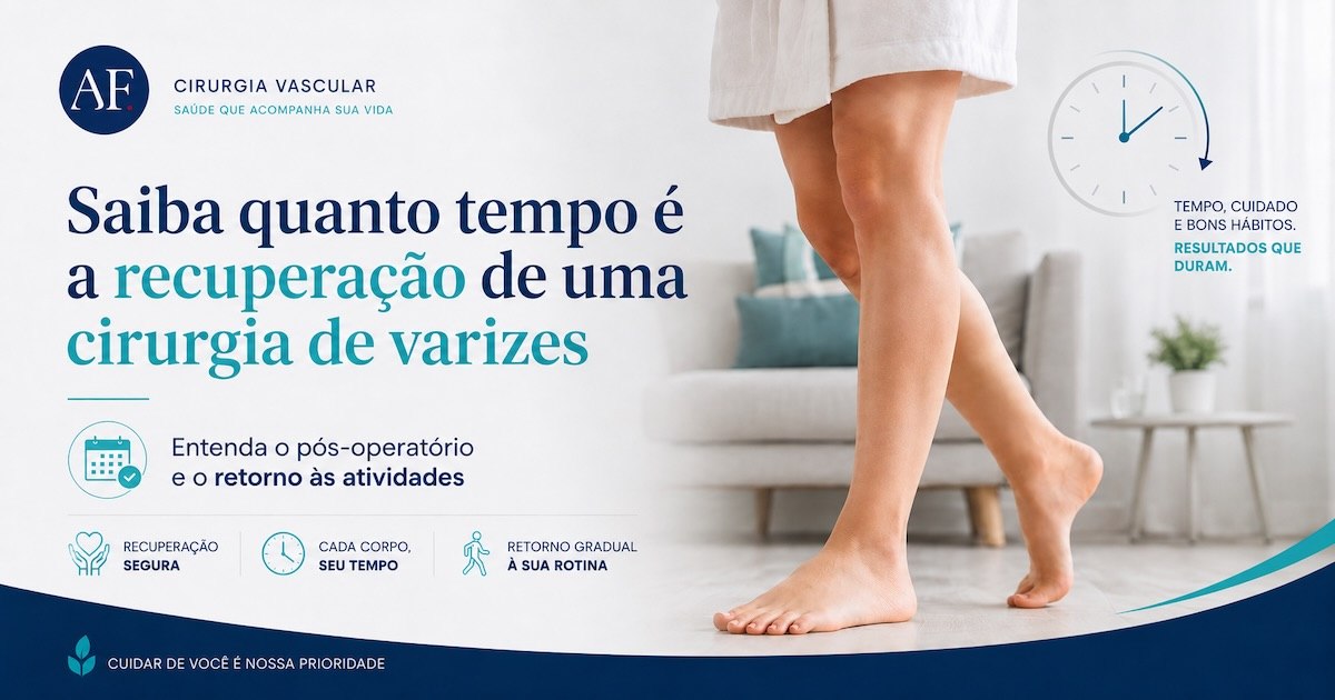 Perna caminhando em casa ao lado de um relógio, sob o título Saiba quanto tempo é a recuperação de uma cirurgia de varizes