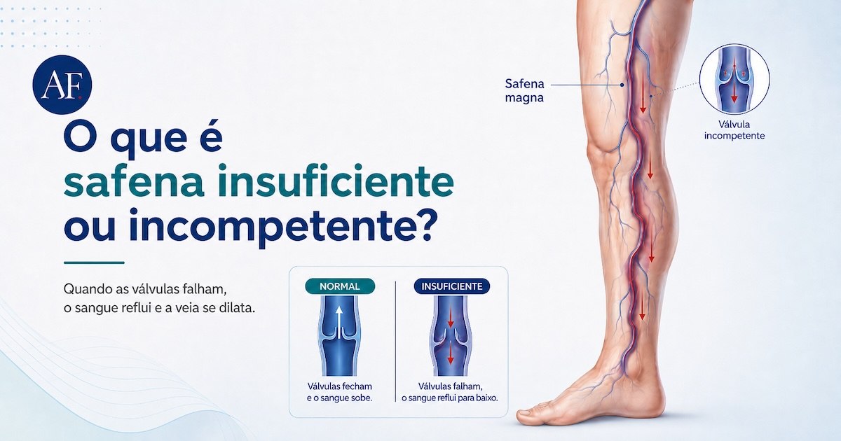 Ilustração comparando válvula venosa normal e insuficiente na veia safena, sob o título O que é safena insuficiente ou incompetente?
