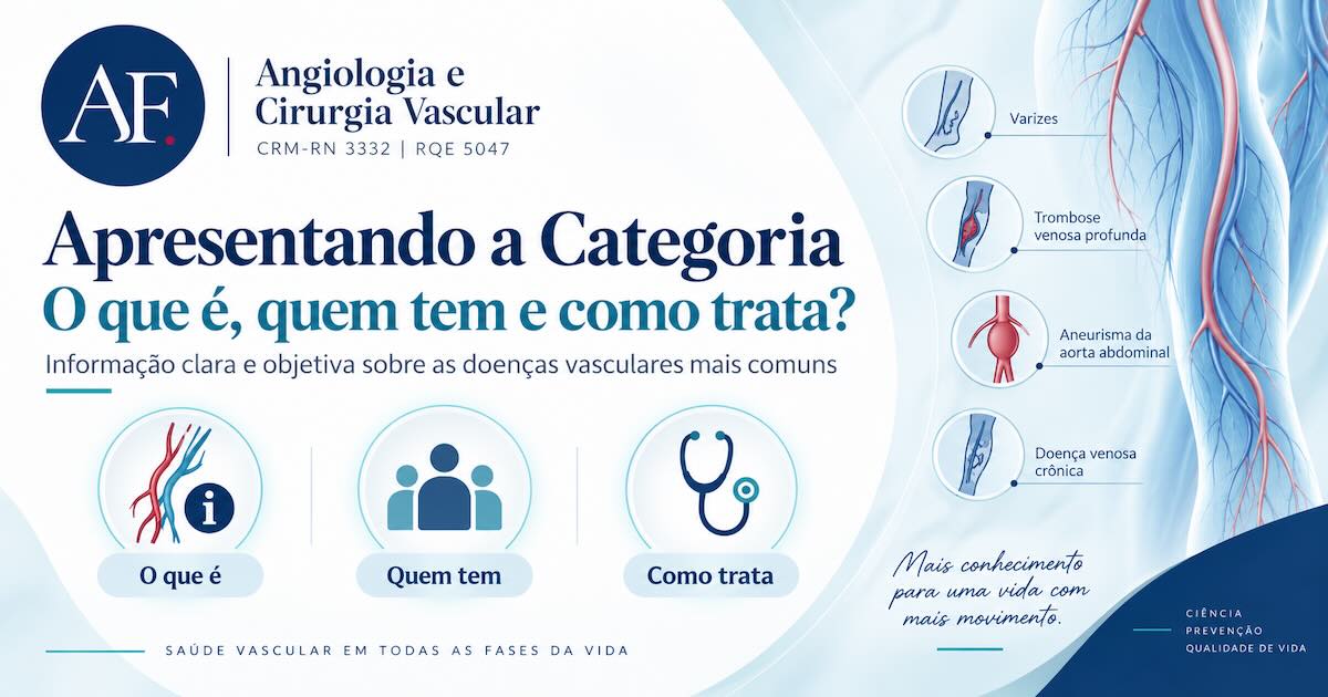 Ilustração do sistema vascular com destaques para varizes, trombose venosa profunda, aneurisma da aorta e doença venosa crônica, sob o título Apresentando a Categoria: O que é, quem tem e como trata